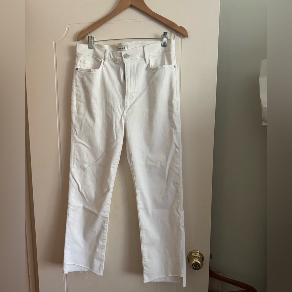 Frame white le height slim cascade hen white jeans